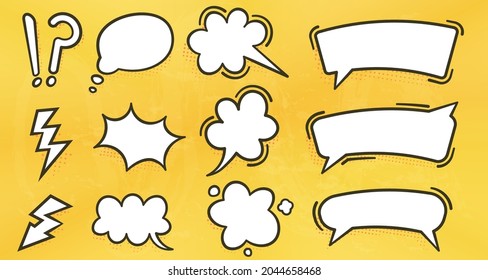 Set of bubble text illustrations for comics, various shapes of flat blank bubble abstract icons, yellow color texture background. elements for posters, cards, banners, flyers and advertising.