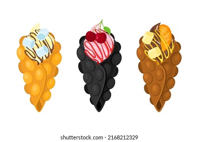 Juego de gofres de burbujas en un fondo aislado. El gofre de burbujas clásico, el chocolate y el gofre negro de Hong Kong. Waffles con malvavisco, cerezo y fruta naranja.