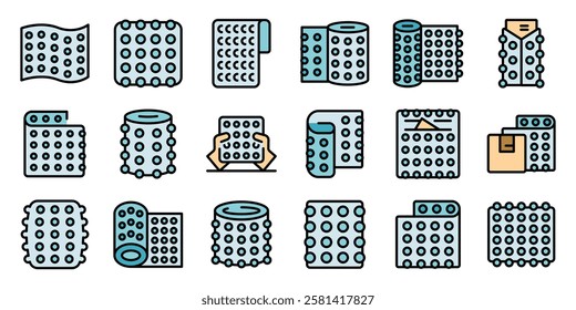 Set of bubble wrap icons showing various applications for protecting fragile items during shipping, packaging, and handling