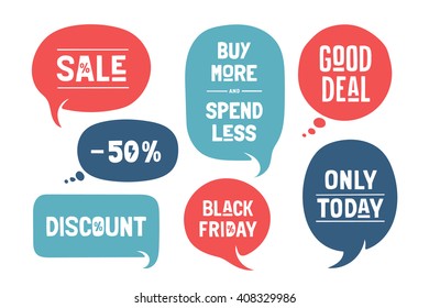 Set of bubbles different shapes for Sale and Discount themes. Colorful cloud talk or bubbles isolated on white background. Vector Illustration