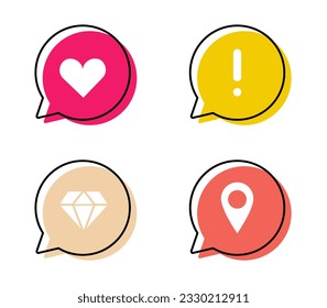 Set of bubbles with icons - heart, exclamation point, diamond, pin. Online conversation. Colored speech with white symbols on a white background. Isolated. Labels. Vector illustration