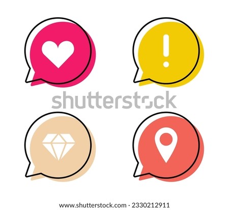 Set of bubbles with icons - heart, exclamation point, diamond, pin. Online conversation. Colored speech with white symbols on a white background. Isolated. Labels. Vector illustration