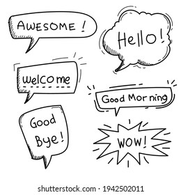 Set of bubbles speech comics style hand drawn doodle. white blank space speech bubble text with black outline vector illustration. 