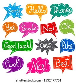set of bubbles speech with short message, text colorful chat stickers