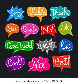 set of bubbles speech with short message, text colorful chat stickers