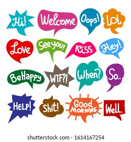 set of bubbles speech with short message, phrases text colorful chat stickers