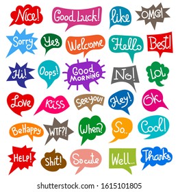 set of bubbles speech with short message, phrases text colorful chat stickers