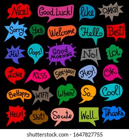 set of bubbles speech with short message, phrases text colorful chat stickers