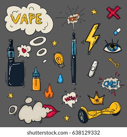 Set of bubbles speech, vape accessories and other icons. Cartoon hand-drown elements. gyroscooter, cloud, lips, electronic Cigarette, and onomatopoeia. vector illustration.