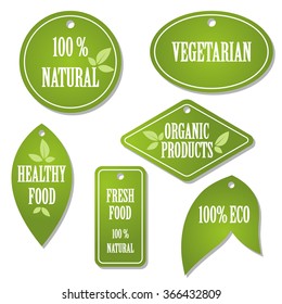 Set of bubbles, stickers, labels, tags with text. 100% natural product, 100% organic, healthy food. Organic food badges in vector (cosmetic, food)