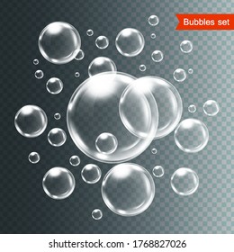Conjunto de burbujas bajo el agua aislado ilustración vectorial sobre fondo transparente.