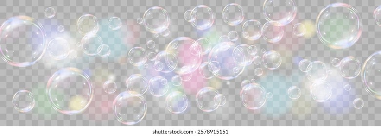 Set of bubbles. Vector network of soap bubbles. With multi-colored bokeh.PNG.