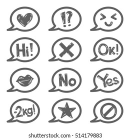 Set of bubble-stickers for woman diary. Vector illustration with hand-draw doodles symbols: star, lips, heart, smile, words and other.