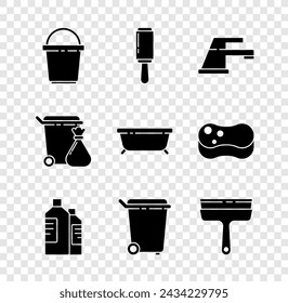 Set Eimer, Klebewalze, Wasserhahn, Flaschen für Reinigungsmittel, Mülleimer, Gummireinigungsfenster und Müllbeutel und Badewannen-Symbol. Vektor