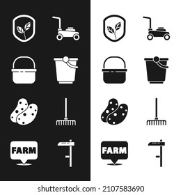 Set Bucket, Basket, Shield with leaf, Lawn mower, Potato, Garden rake, Scythe and Location farm icon. Vector