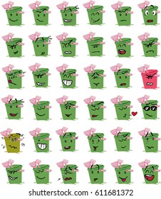 Set of bucket and beach shovel character emojis; cheerful, sad, angry, content ... and many more expressions.