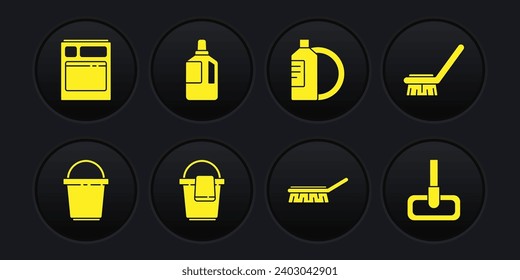 Set Bucket, Brush for cleaning, with rag, Dishwashing liquid bottle and plate, Fabric softener, Mop and Kitchen dishwasher machine icon. Vector