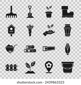Set Bucket, Corn, Garden light lamp, Plant in pot, Carrot, Bird house, rake and hand of environmental icon. Vector
