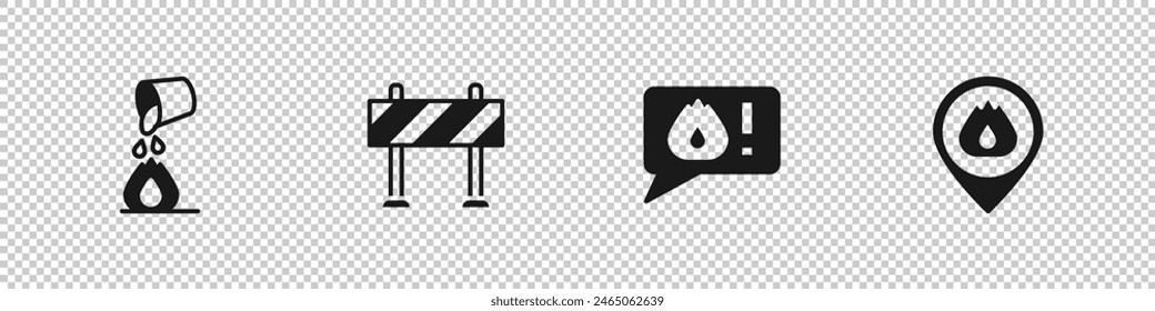 Set Cubo de extinción de fuego, barrera de carretera, llamada telefónica 911 y Locación con icono de llama. Vector