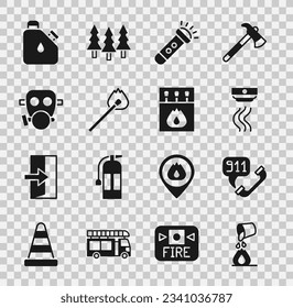 Ajuste el fuego de extinción de cubos, llamada telefónica 911, sistema de alarma de humo, linterna, juego de quemado con, máscara de gas, combustible de cartucho y caja de correspondencia y icono de coincidencia. Vector