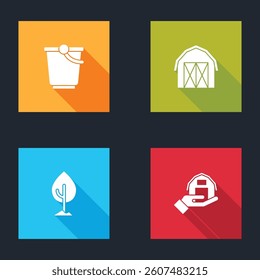 Set Bucket, Farm house, Tree and in hand icon. Vector