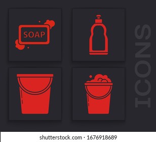 Set Bucket with foam and bubbles , Bar of soap with foam , Plastic bottles for liquid dishwashing liquid and Bucket  icon. Vector