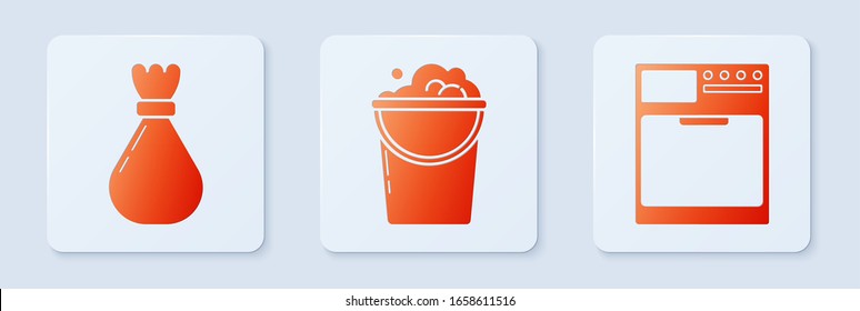 Set Bucket with foam and bubbles , Garbage bag  and Washer . White square button. Vector