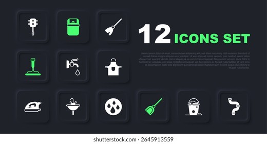 Set Bucket with foam and bubbles, Industry metallic pipe, Water tap, Dustpan, Rubber cleaner for windows, Washbasin, Trash can and drop icon. Vector