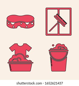 Set Bucket with foam and bubbles , Sponge , Squeegee, scraper, wiper and Plastic basin with soap suds  icon. Vector