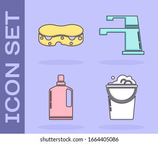Set Bucket with foam and bubbles , Sponge , Plastic bottles for liquid dishwashing liquid and Water tap  icon. Vector