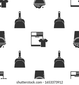 Coloque el cubo con espuma y burbujas , Lavadora y pantalones t y Dustpan en un patrón sin fisuras. Vector