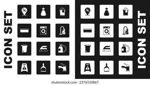 Set Bucket with foam, Washer, Sponge, Home cleaning service, Vacuum cleaner, Garbage bag, Dishwashing liquid bottle and Trash can icon. Vector