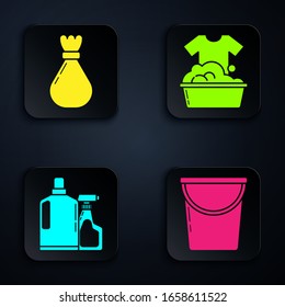 Set Bucket , Garbage bag , Plastic bottles for liquid dishwashing liquid and Plastic basin with soap suds . Black square button. Vector