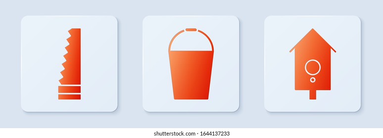 Set Bucket, Garden saw and Cuckoo clock. White square button. Vector