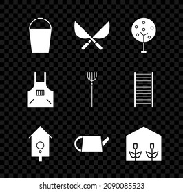 Set Bucket, Gardening handmade scissors, Tree, Retro wall watch, Watering can, Home greenhouse plants, Kitchen apron and pitchfork icon. Vector