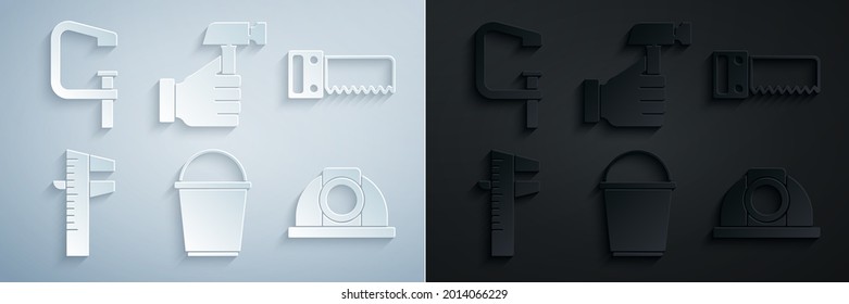 Set Bucket, Hand saw, Calliper or caliper scale, Worker safety helmet, Hammer and Clamp screw tool icon. Vector