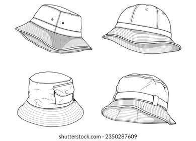 set of bucket hat outline drawing vector, bucket hat in a sketch style,  template outline for training, vector Illustration.
