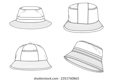 set of bucket hat outline drawing vector, bucket hat in a sketch style,  template outline for training, vector Illustration.
