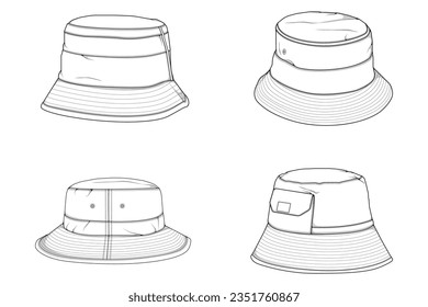 set of bucket hat outline drawing vector, bucket hat in a sketch style,  template outline for training, vector Illustration.
