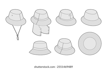 Set of Bucket Hat -Refined Weatherproof Modular Adjustable, Sahara Outdoor Garden Luxury Fisherman, with Cord Stopper. Head Fashion accessory cap clothing technical illustration. Vector flat mockup