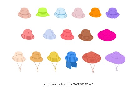 Set of Bucket Hat -Refined Weatherproof Modular Adjustable, Sahara Outdoor Garden Luxury Fisherman, with Cord Stopper. Head Fashion accessory cap clothing technical illustration. Vector flat mockup
