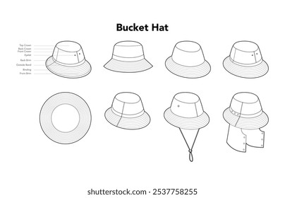 Conjunto de Chapéus de Balde - diagrama com partes de nome, Modular à prova de intempéries refinado, Pescador de Jardim ao Ar Livre do Saara. Cabeça Moda acessórios cap roupa ilustração técnica. Chapéu de vetor, modelo plano