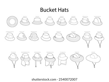 Set of Bucket Hats with names - Weatherproof Modular Adjustable Outdoor Garden Transition Fisherman, Cord Stopper. Head Fashion accessory cap technical illustration. Vector headgear for Men women