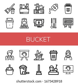 Set of bucket icons. Such as Broom, Bin, Sauna, Maid, Ink cartridge, Watering can, Cleaning brush, Popcorn, Painting palette, Ice bucket, Sand bucket, Paint , icons
