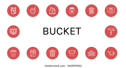 Set of bucket icons such as Sand bucket, Cleaner, Popcorn, Delete, Painting palette, Trash bin, Bin, Trash, Bucket, Sauna, Watering can, Ink cartridge, Roller ,