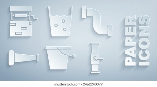 Set Cubo, Tubo metálico de la industria y válvula, Vidrio con agua e icono de pozo. Vector