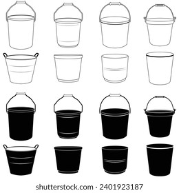 Set of bucket line art and silhouettes