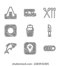 Set Bucket, Location for camping, Blanket roll, Knife, Fish, Sun, Match stick and Tourist tent icon. Vector