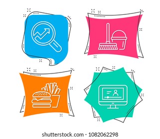 Set of Bucket with mop, Burger and Analytics icons. Online video sign. Cleaner equipment, Cheeseburger, Audit analysis. Video exam.  Flat geometric colored tags. Vivid banners. Trendy graphic design