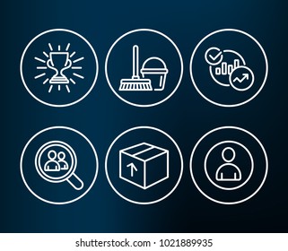 Set of Bucket with mop, Trophy and Statistics icons. Package, Search employees and Avatar signs. Cleaner equipment, Winner cup, Report charts. Delivery pack, Staff analysis, User profile. Vector